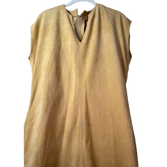 Vintage Lilli Ann Sleeveless Shift Dress Tan V-Neck Ultra Suede Neutral Chic - Picture 3 of 9